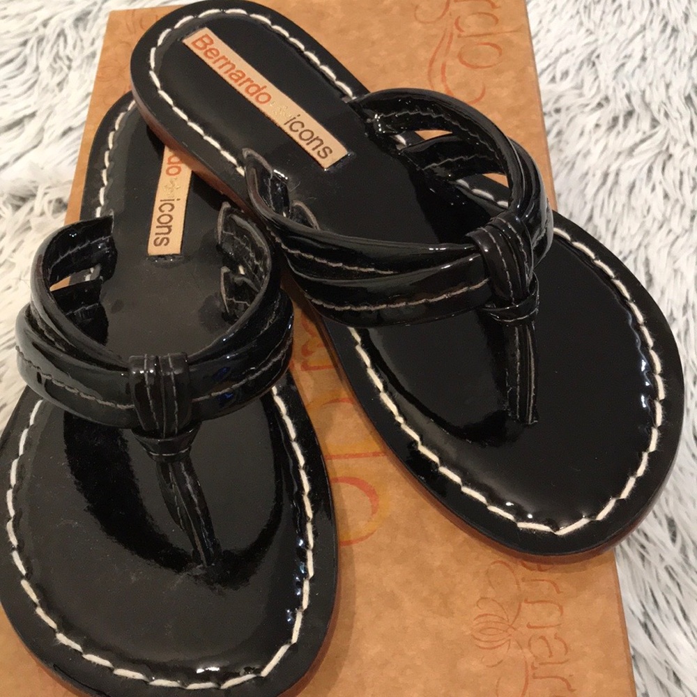 Bernardo Dark Chocolate patent Miami sandals.
